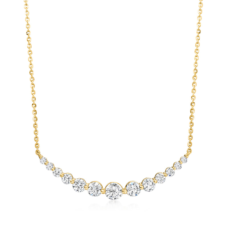 14kt yellow gold curved bar necklace with lab-grown diamond halo-style round stones