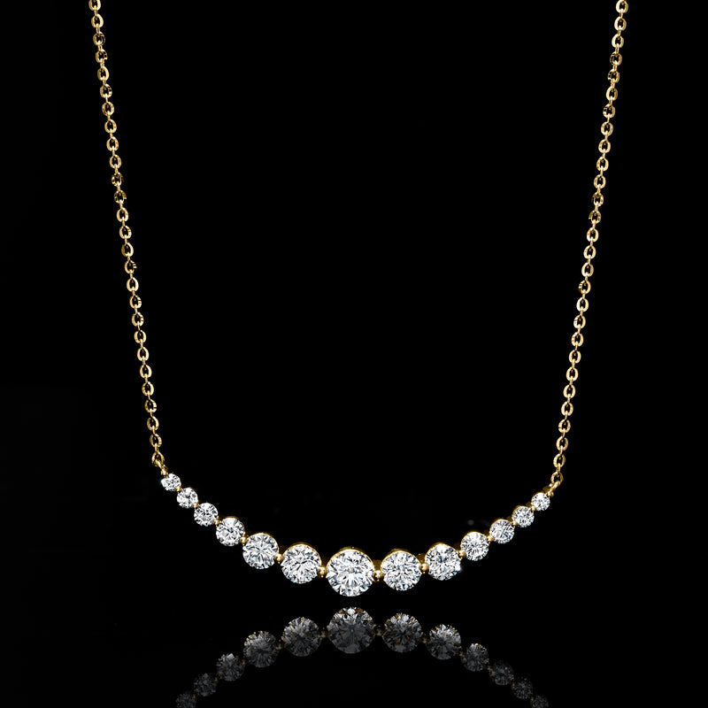 14kt yellow gold curved bar necklace with round lab-grown diamonds, scalloped line