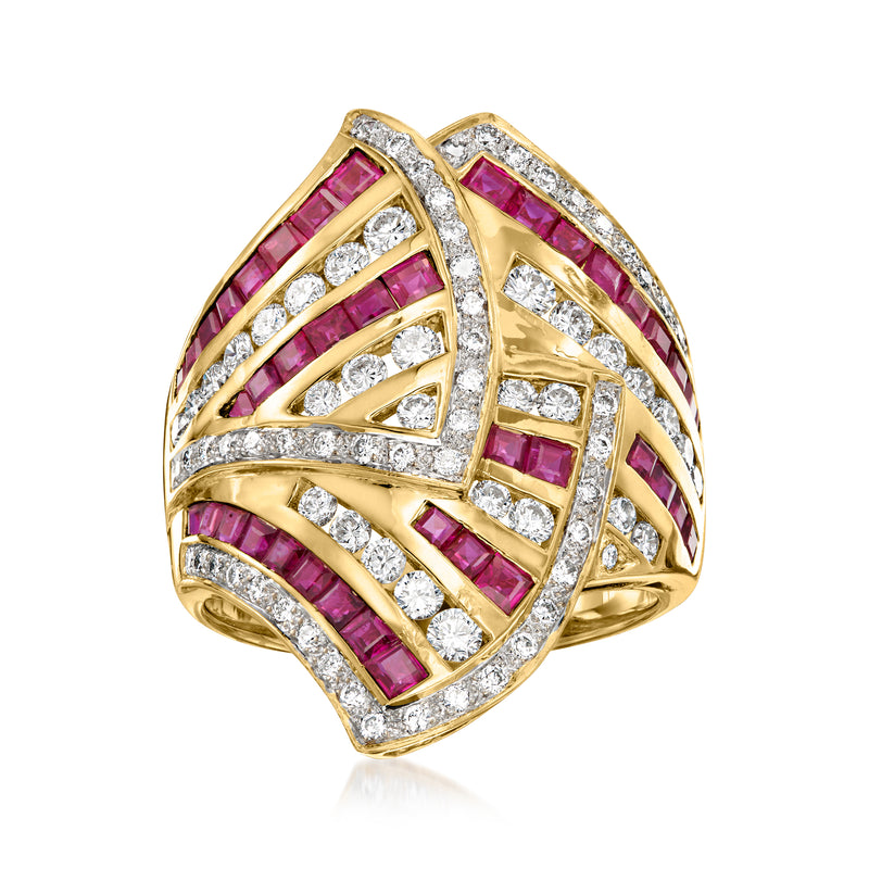 18k yellow gold vintage ring with square ruby panels and diamond accents