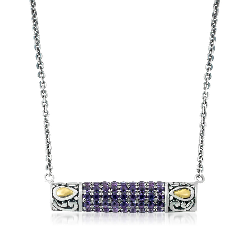 Sterling silver bar necklace with pavé amethyst and gold accents