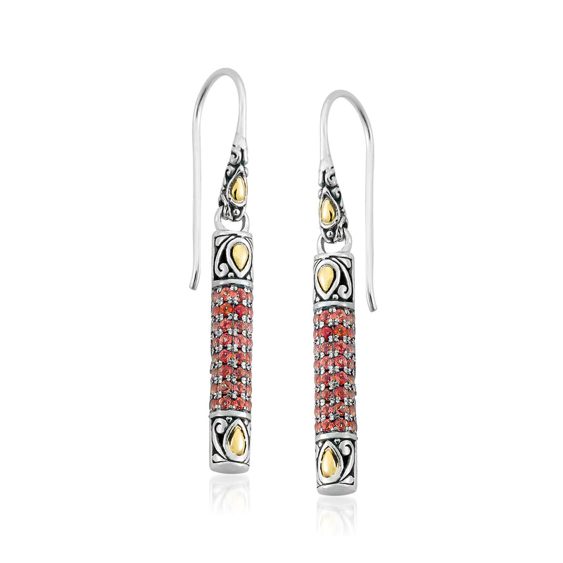 Sterling silver Bali-style drop earrings with red pave stones and yellow gold accents