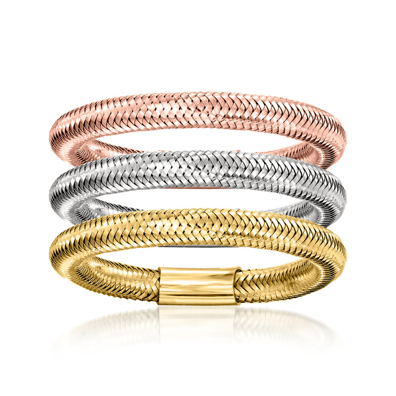 Three tri-colored 14kt gold mesh rings with polished rectangular center