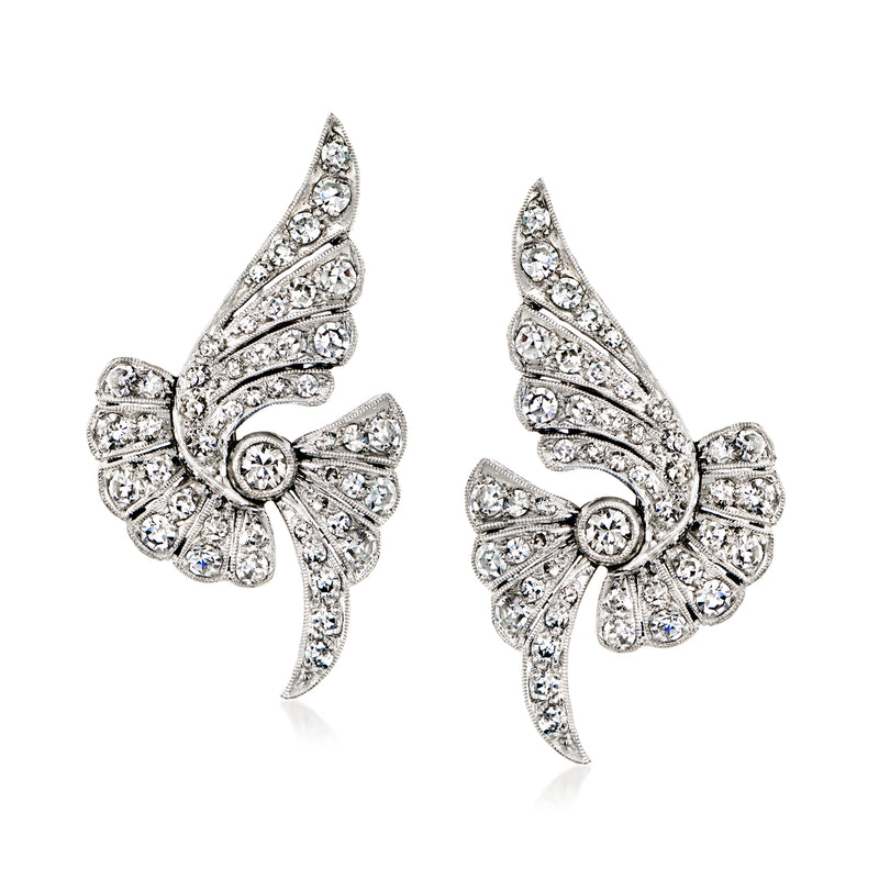 Vintage platinum diamond fan earrings with bow and marquise stones