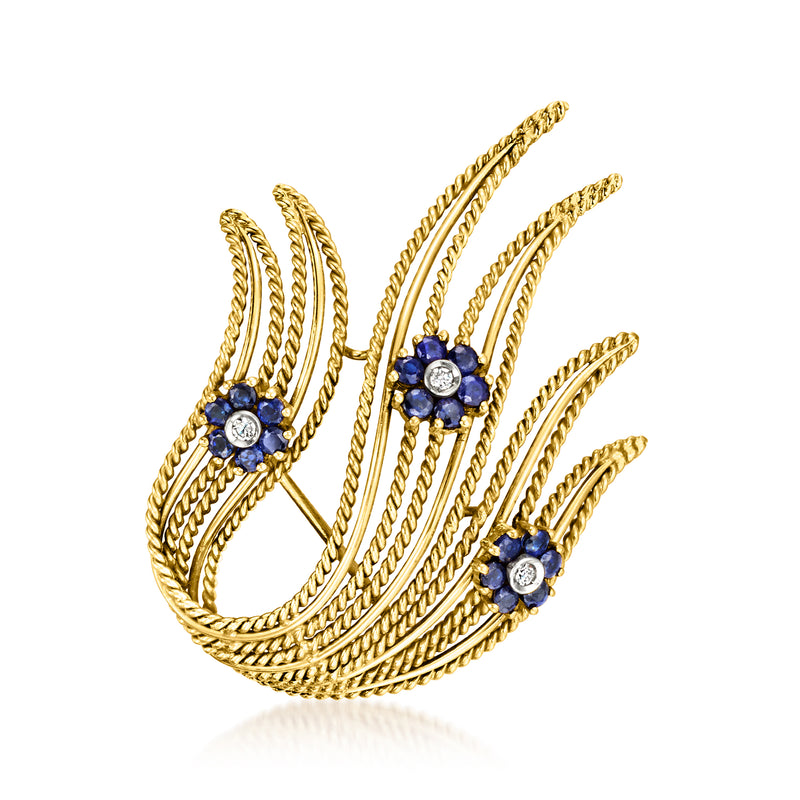Vintage 18kt yellow gold floral swirl pin with blue sapphire and diamond accents