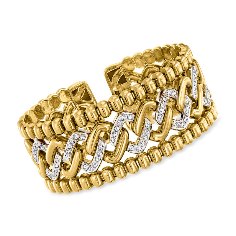 Two-tone 18kt gold square-link cuff bracelet with diamond-accented inlays