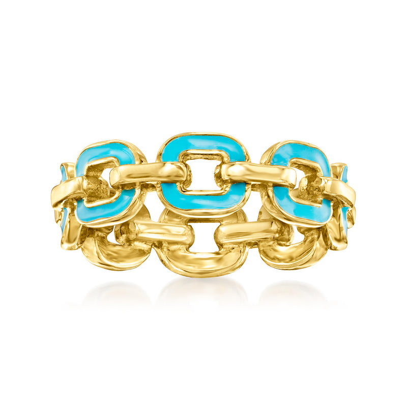 18kt gold curb-link ring with blue enamel oval links on a hinged-style band