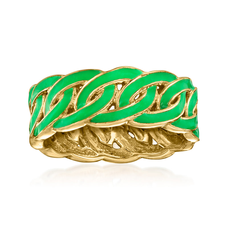 Green enamel eternity-style ring in 18kt gold over sterling, scalloped link band