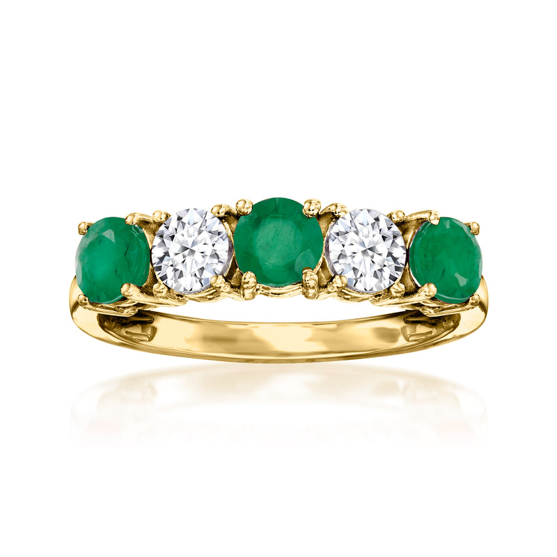 14kt yellow gold five-stone band with alternating green oval and white round diamonds