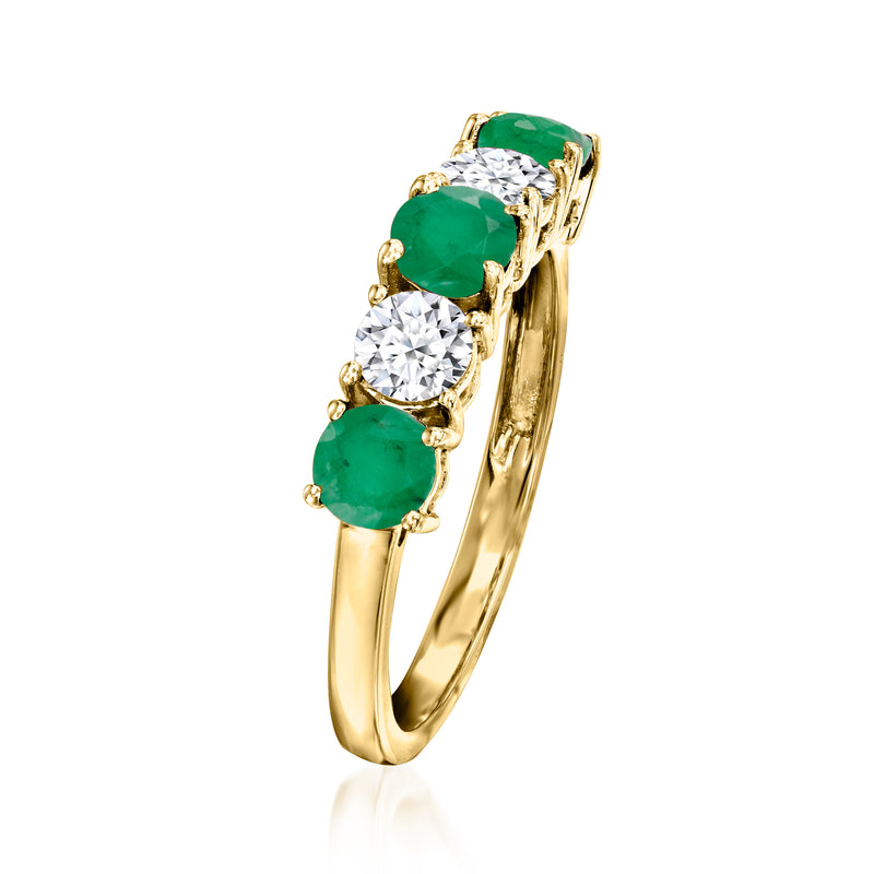 14kt yellow gold ring with five stones: green ovals and white round diamonds