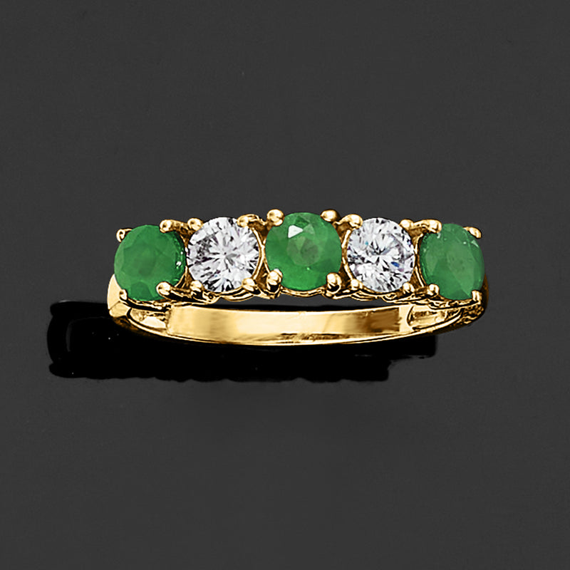 14kt yellow gold five-stone ring with alternating green oval and white round diamonds