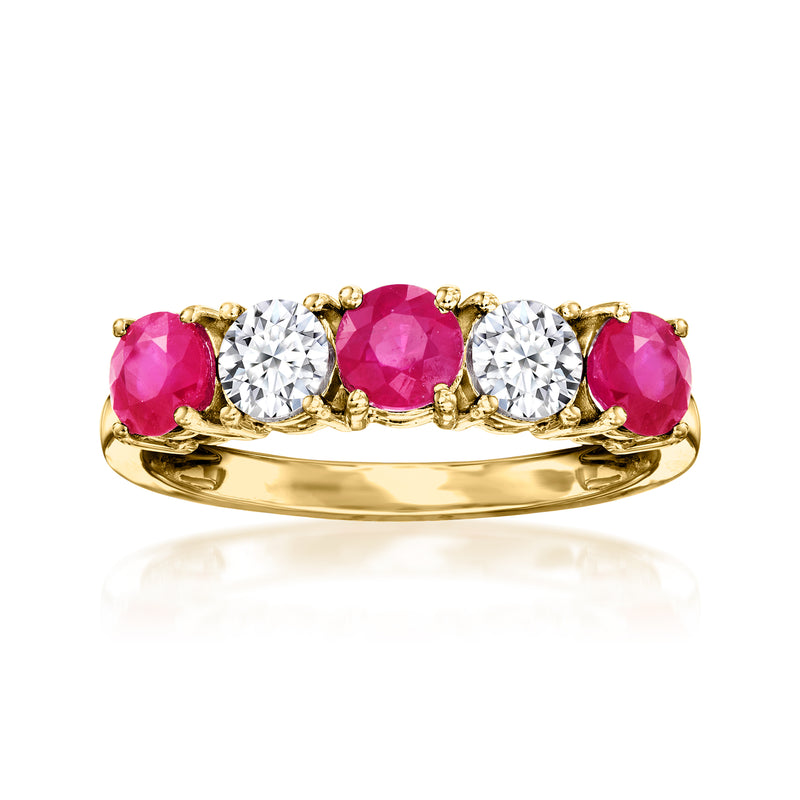14kt yellow gold ring with pink rubies and round white diamond accents