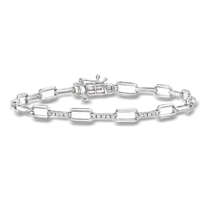 Sterling silver paper clip link bracelet with diamond accents and rectangular center