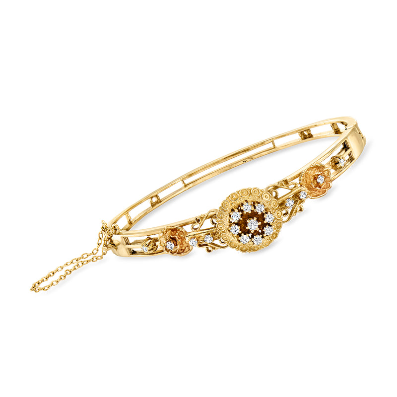14kt yellow gold diamond floral bangle bracelet with oval push clasp and dangling chain
