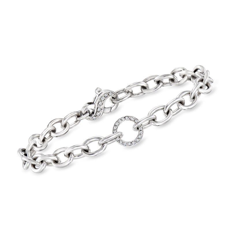 18kt white gold diamond cable-link bracelet with oval links and round stone accents