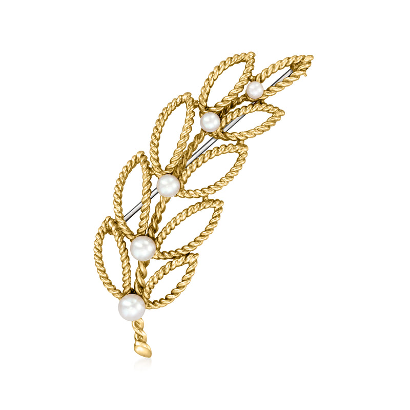 14kt yellow gold vine pin with multiple round cultured pearls