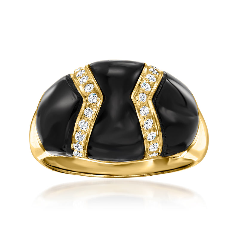Vintage onyx diamond ring in 18kt yellow gold, black oval center with diamond-set shoulders
