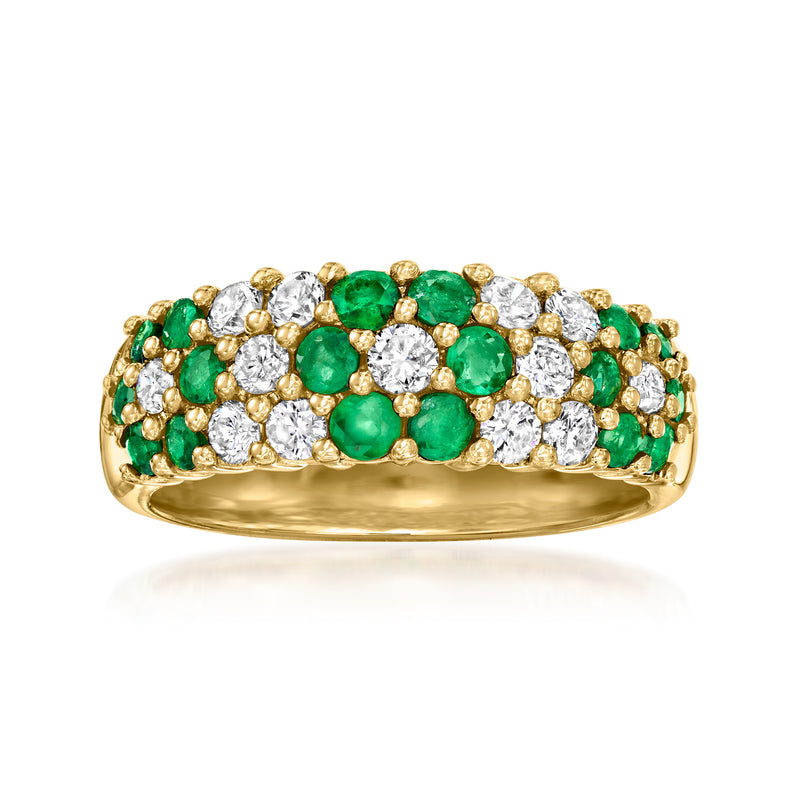18kt yellow gold flower ring with emerald-green stones and white diamond accents