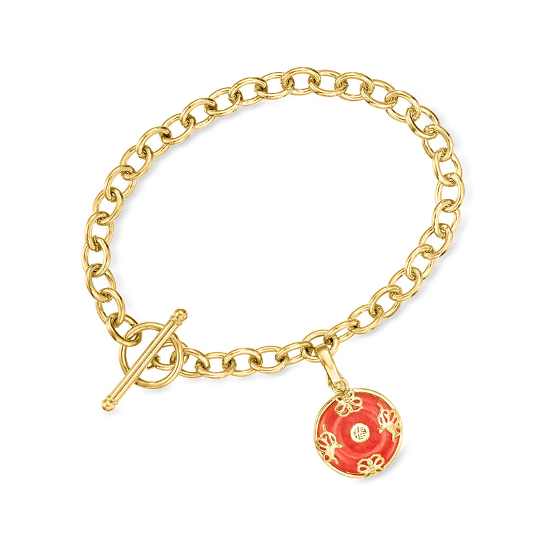 Gold charm bracelet with red jade butterfly medallion charm