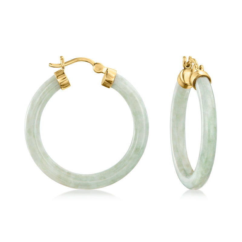 Jade hoop earrings with 18kt gold over sterling, light green oval jade hoops