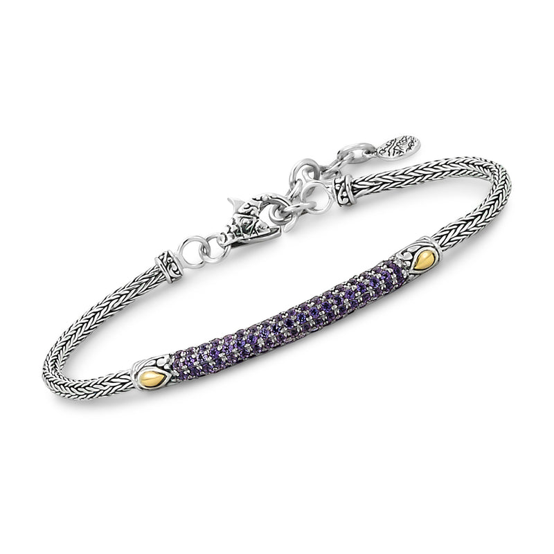 Sterling silver braided bar bracelet with purple pave amethyst center and 18kt yellow gold tips