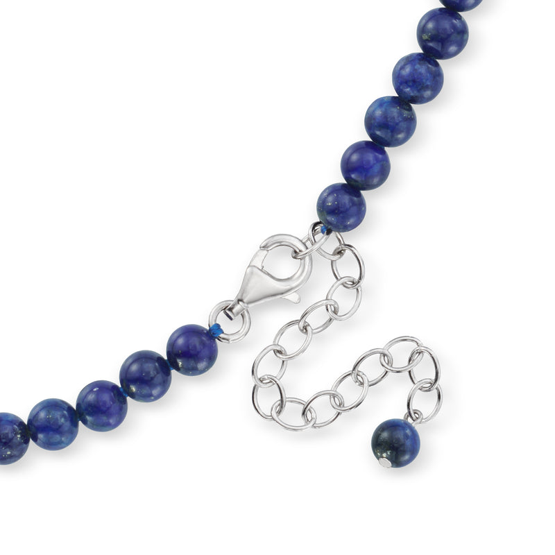 Lapis bead necklace with blue beads, silver lobster clasp and chain
