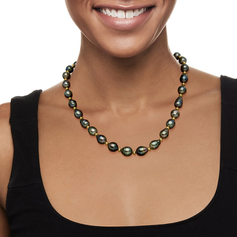 Cultured Tahitian pearl necklace with dark round pearls and yellow gold bead accents