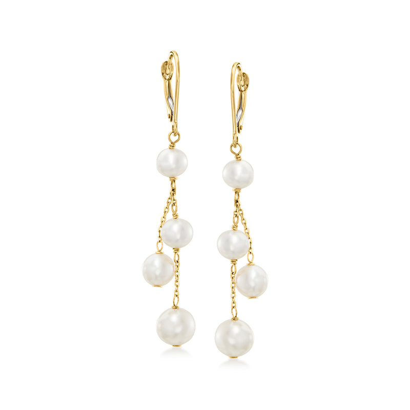 14kt yellow gold leverback cultured pearl drop earrings with three white pearls