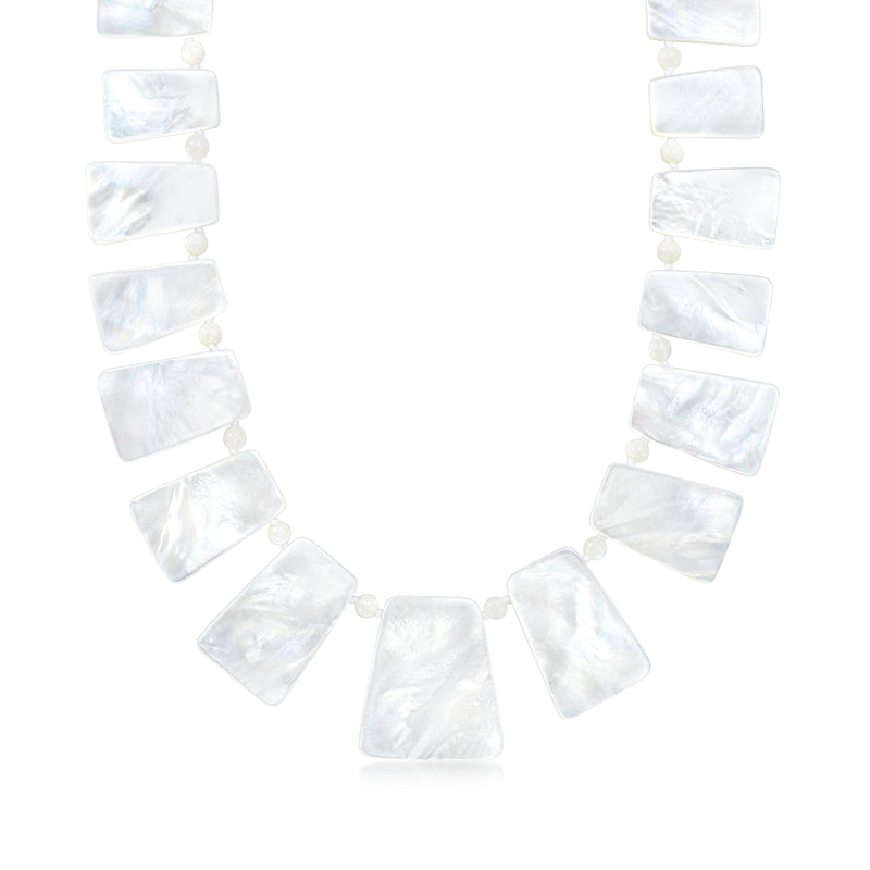 Mother-of-pearl necklace with irregular shell tiles and gold over sterling links