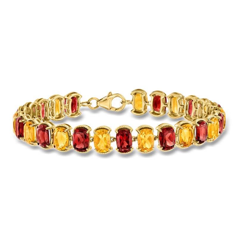 18kt gold over sterling bracelet with red garnet and yellow citrine gemstone rows