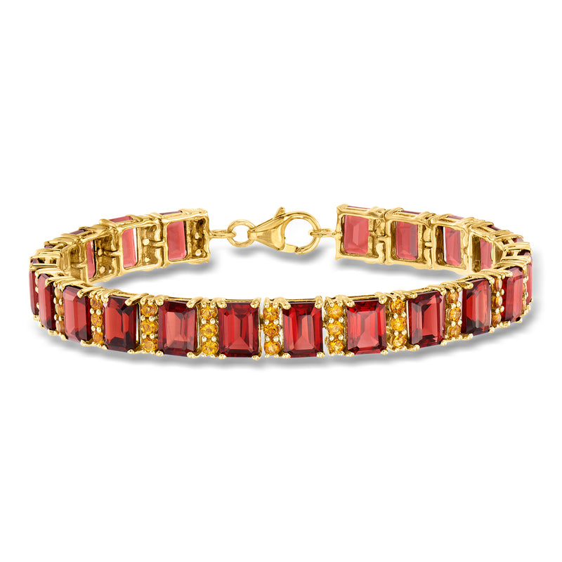 18kt gold bracelet with rectangular red garnet stones and yellow accents, clasp