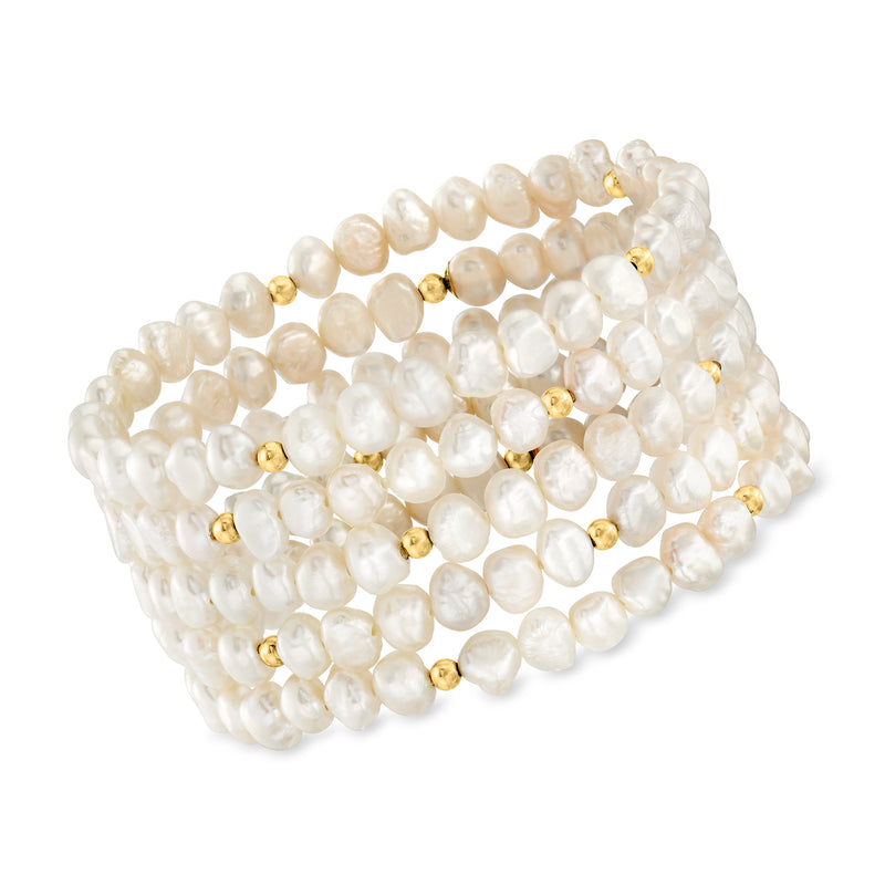 Five stretch bracelets with white cultured pearls and 14kt yellow gold beads
