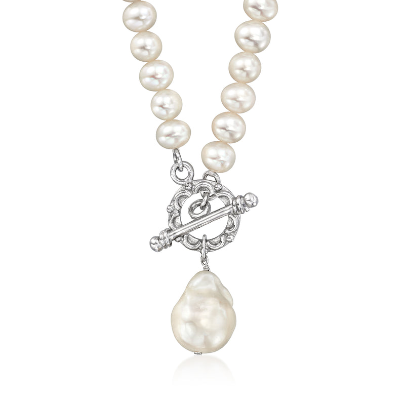 Baroque pearl toggle necklace, sterling silver clasp with large drop