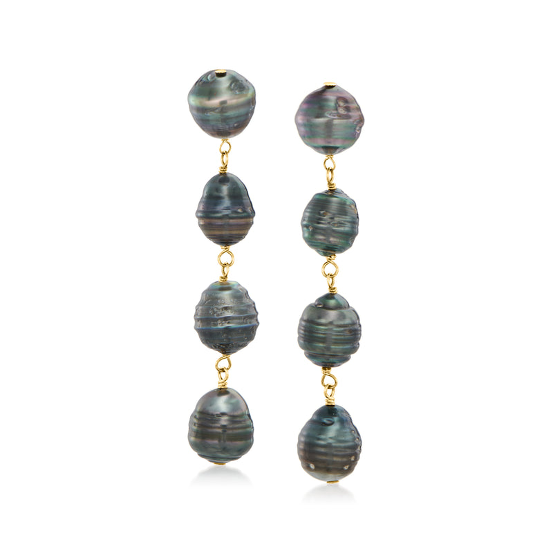 Black Tahitian pearl drop earrings, 14kt yellow gold with dark iridescent pearls