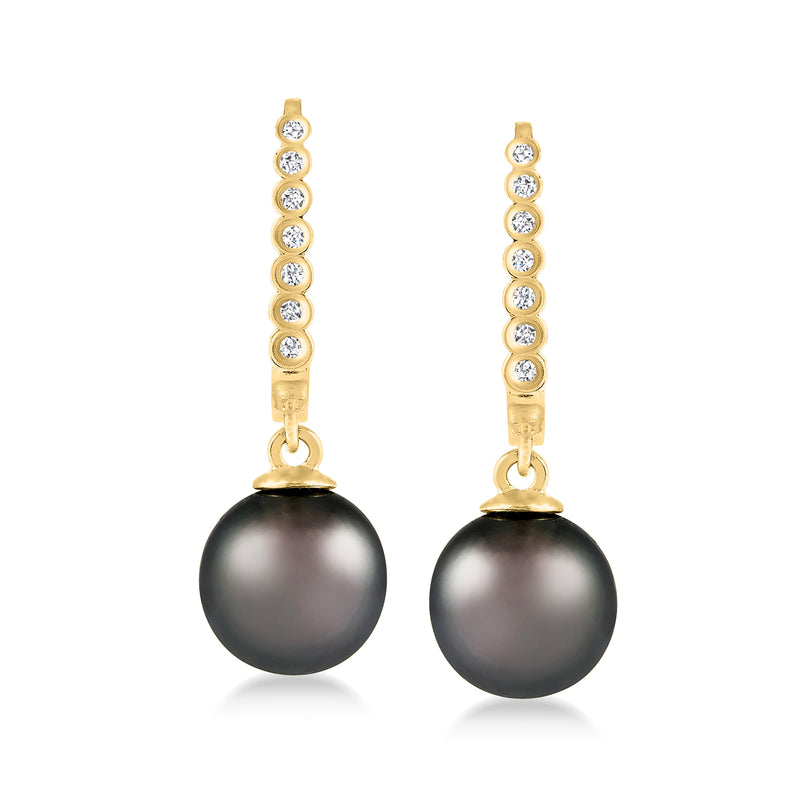 14kt yellow gold drop earrings with black cultured pearl and diamond accents, leverback