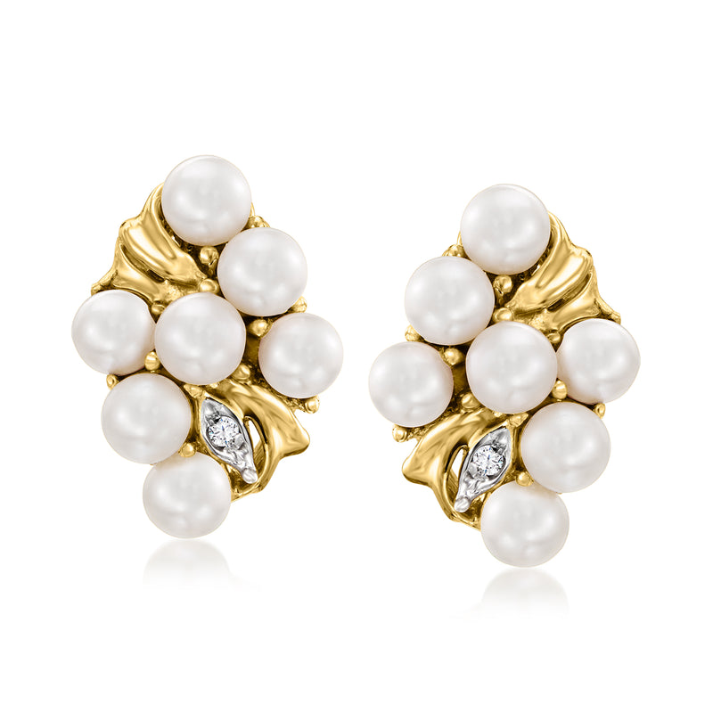 14kt yellow gold pearl cluster post earrings with round cultured pearls and diamond accents