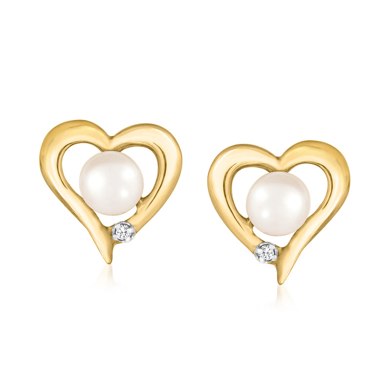 14kt yellow gold heart pearl stud earrings with diamond accents