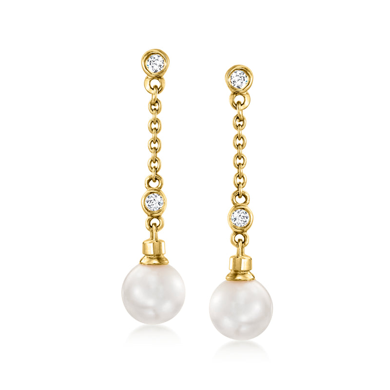 14kt yellow gold drop earrings with white cultured pearl and diamond accents