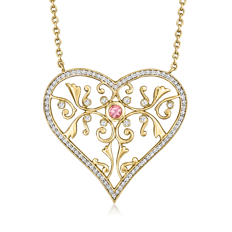 Vintage diamond and pink tourmaline open-heart necklace in 14k yellow gold