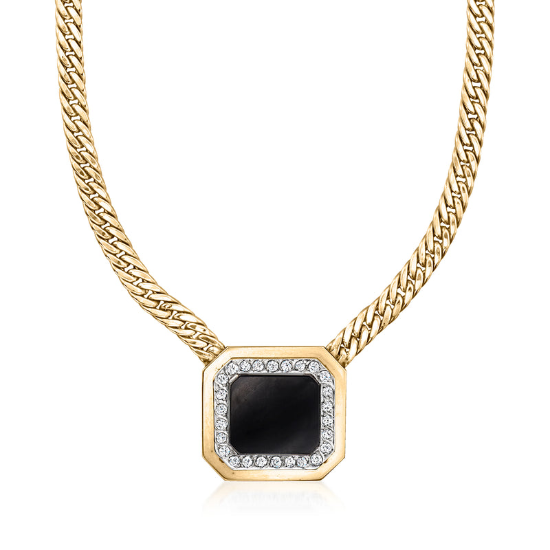 14kt yellow gold curb-link necklace with square onyx pendant and diamond border