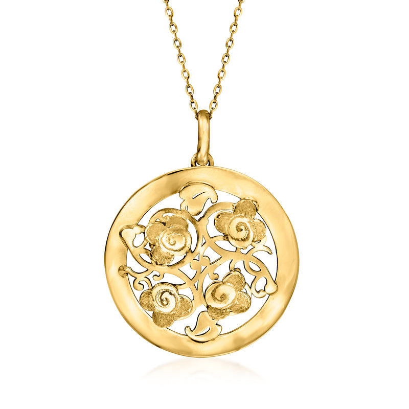 Yellow gold round floral pendant with engraved scrolls and bail, on link chain