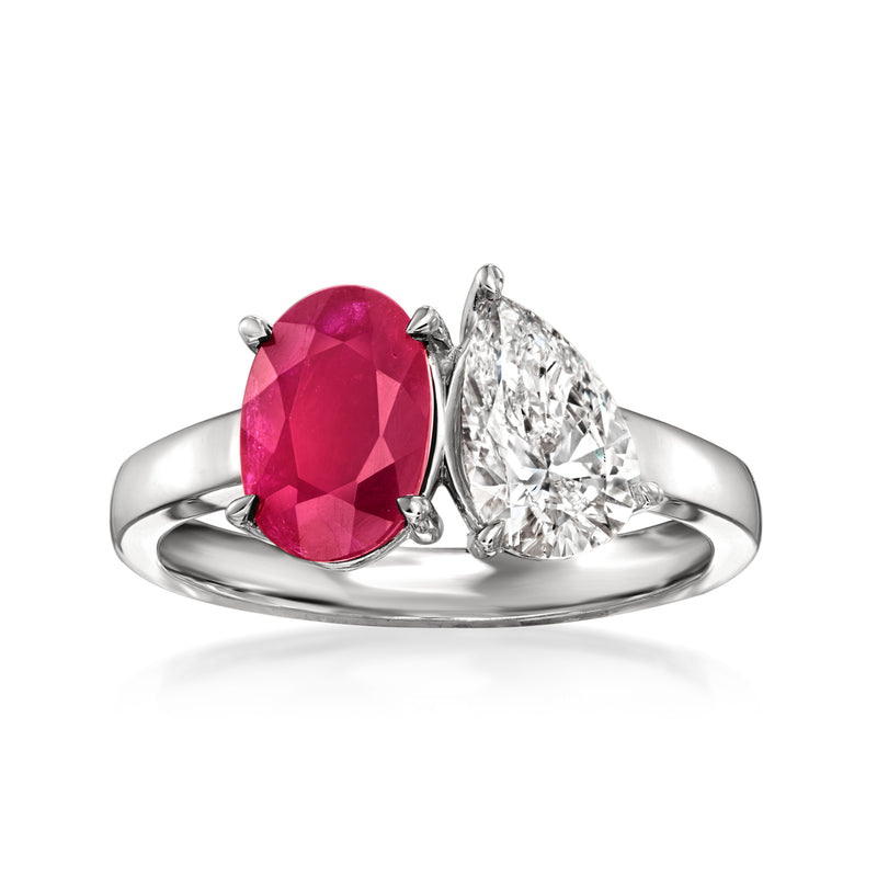 Two-stone toi et moi ring in 14kt white gold with oval ruby and pear diamond