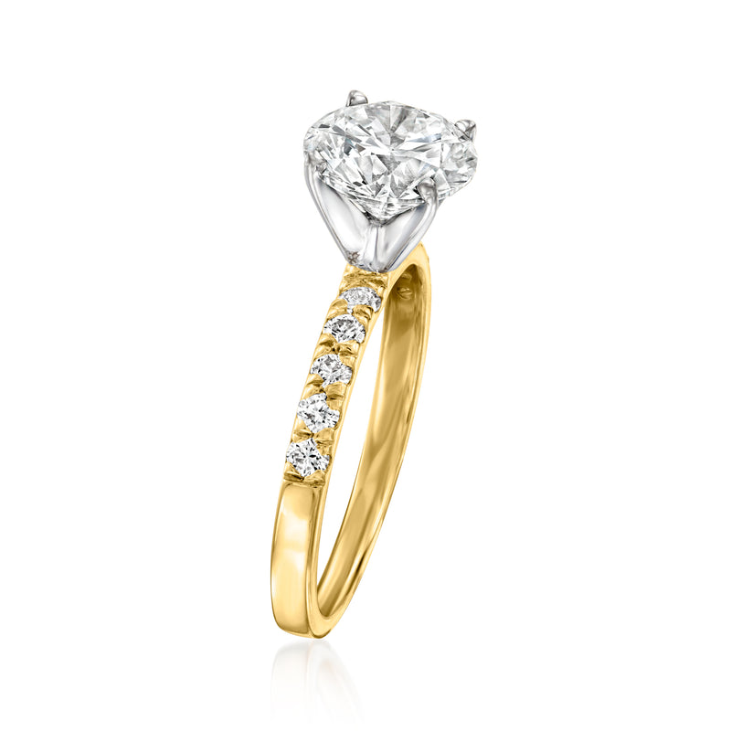 14kt yellow gold ring with round lab diamond top; slim band with small channel-set stones