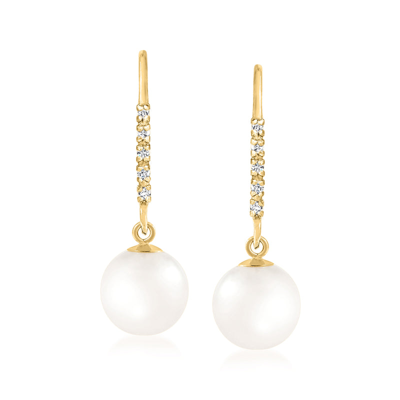 14kt yellow gold drop earrings with round white pearl and diamond accents
