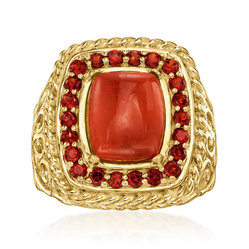 18kt gold over sterling ring with red oval stone center and red gemstone halo