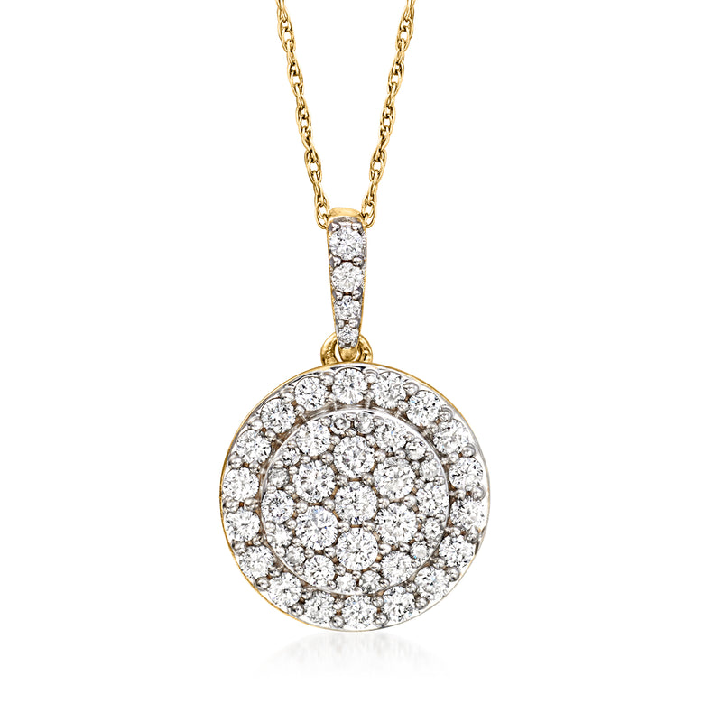 Two-tone 14kt gold diamond circle pendant necklace with round bezel-set diamonds