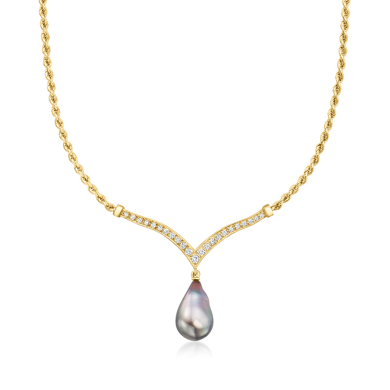 14kt yellow gold drop necklace with black cultured pearl and diamond V-shaped frame