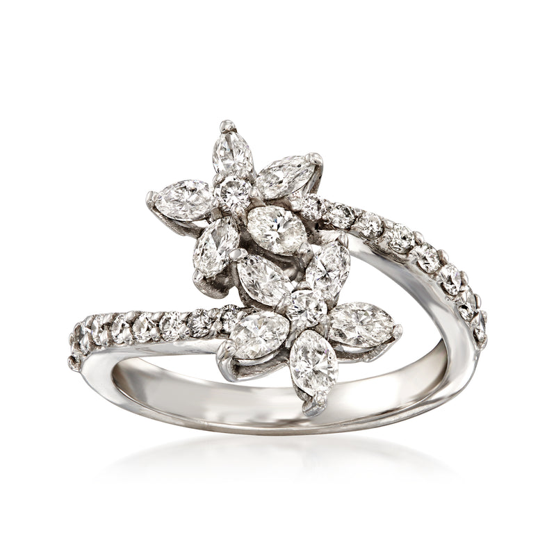 14kt white gold flower bypass ring with oval and round diamond cluster