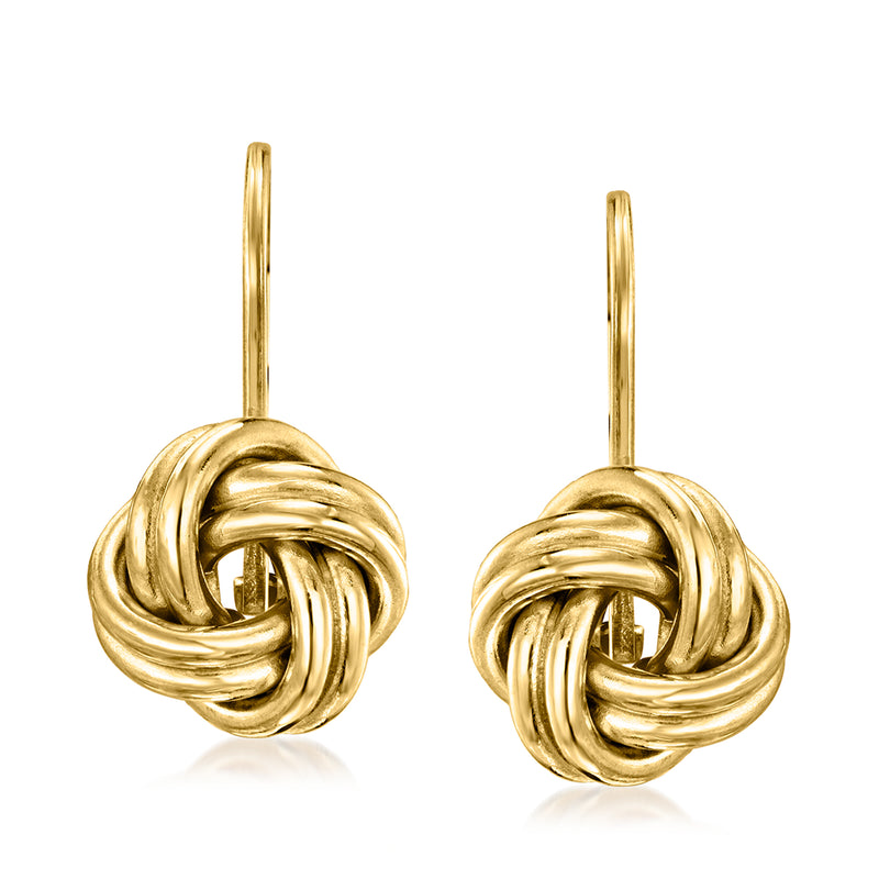 10kt yellow gold love knot drop earrings with leverback hooks