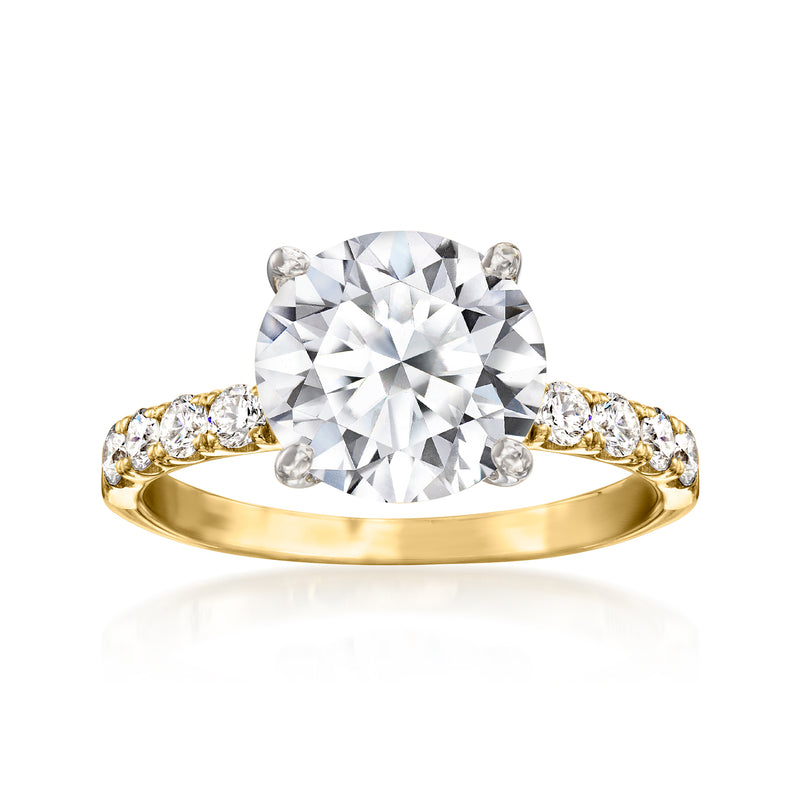 Yellow gold lab-grown diamond ring with round center stone and pavé band