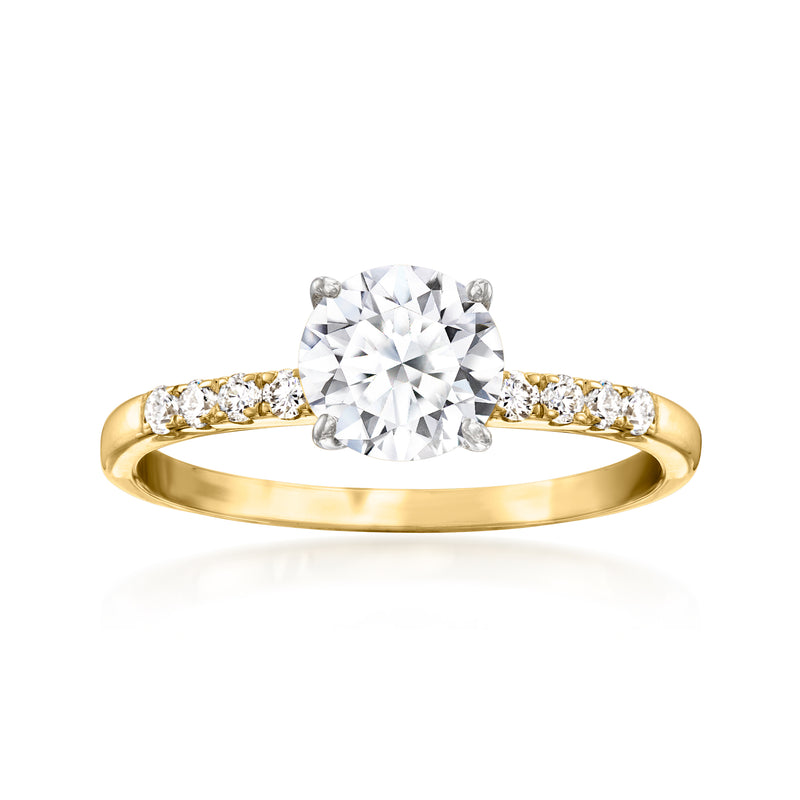 14kt yellow gold lab-grown diamond ring with round center stone and pavé shoulders